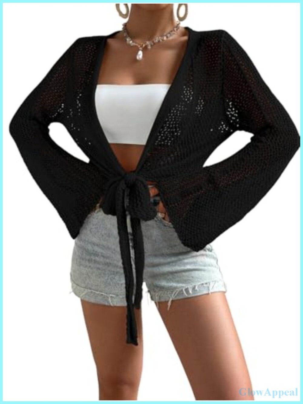 Crochet Hollow Out Tie Front Cardigan Summer Flare Sleeve Knit Bolero